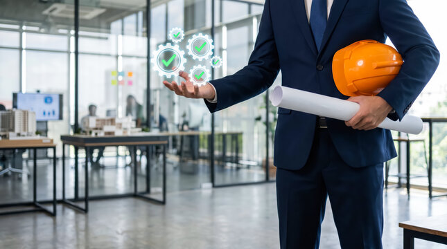 Professional engineer in a suit holding a hard hat and blueprints with digital gear icons representing project management