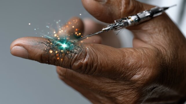 Elderly hand with futuristic medical smart patch delivering insulin automatically based on real time data in bright lab.