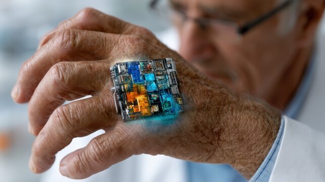 Elderly hand with futuristic medical smart patch delivering insulin automatically based on real time data in bright lab.