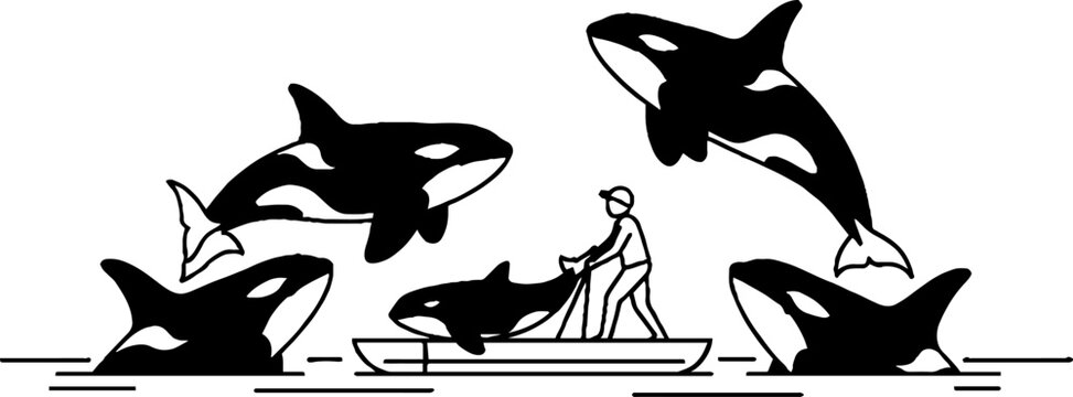 Person in boat filming pod of jumping orcas in the sea