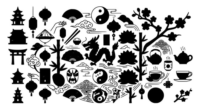 Creative Asian culture vector icon set with oriental logo illustrations