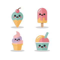 Fototapeta premium Summer Frozen Treats, Cups Cones Popsicles And Sundae Faces Cherry Topped, Colorful, Icon Set, Sticker Pack, Vector Icons, Clipart Collection