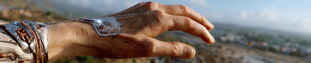 Naklejka premium Elderly hand with futuristic medical smart patch delivering insulin automatically based on real time data in bright lab.