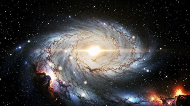 A majestic andromeda-like spiral galaxy slowly rotates in deep space, detailed swirling arms of stardust, gas, and vibrant nebulae. Awe-inspiring cosmic grandeur