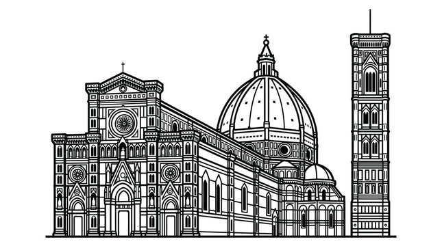 Florence Cathedral silhouette vector with Brunelleschi&rsquo;s Dome and Giotto&rsquo;s Campanile for Italian Renaissance heritage, architecture, tourism, culture, landmark design, and education projects
