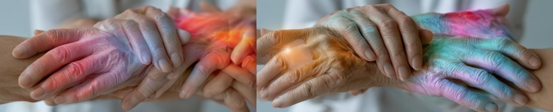 Elderly hand with futuristic medical smart patch delivering insulin automatically based on real time data in bright lab.