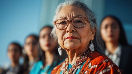 Fototapeta premium A wise elder with cultural attire gazes confidently beyond her diverse group of young women, showcasing leadership, heritage, and empowerment through wisdom and strength.