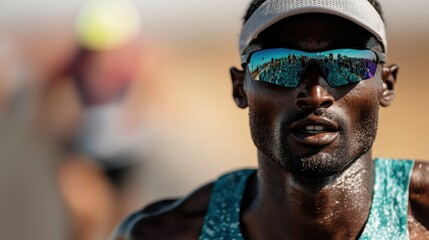 Fototapeta premium A close-up of a focused athlete running under the sun, showcasing determination and perseverance, with reflective sunglasses capturing the essence of an energetic event.