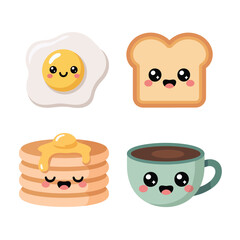 Fototapeta premium Morning Meal Characters, Sunny Egg, Smiling Toast, Pancakes, Coffee Cup, Trendy Cute Style, Sticker Pack, Icon Set, Flat Vector Icons