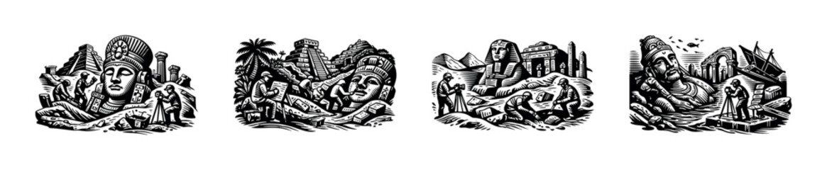 Obraz premium Archaeologists discover ancient monumental statues and ruins from different cultures