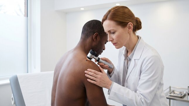 Female dermatologist examining mole on patient upper back with dermoscope