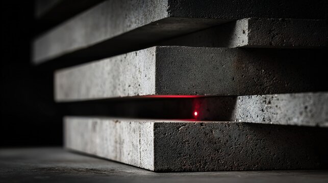 slab. Stacked concrete blocks with a small red light visible between layers. real-estate listings, architecture portfolios, designed for architectural facade and classical detail presentations.