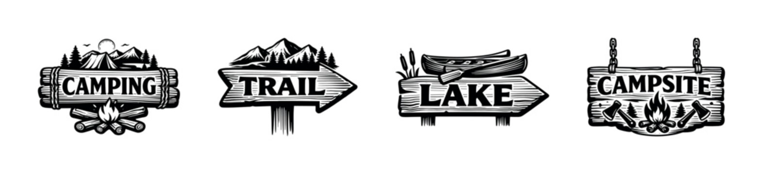 Vintage outdoor adventure signs for camping, lake, trail, and campsite