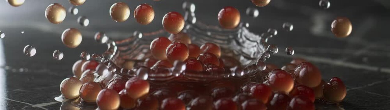Spheres щк caviar impacting surface creating ripples, producing an artistic visual of abstract elements falling.
