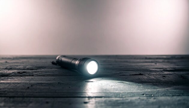 A powerful flashlight illuminates a dark, textured wooden surface, casting a soft, guiding glow into the surrounding gloom, symbolizing discovery and direction