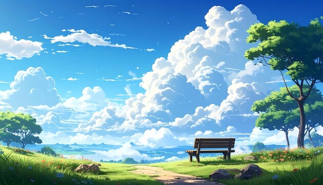 Serene Landscape with Bench and Trees.