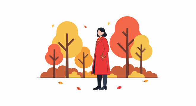 Woman in red coat walks through colorful autumn park