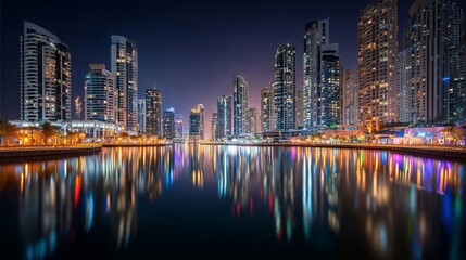 Obraz premium Dubai cityscape at night, long exposure glowing city lights, wide urban skyline, modern skyscrapers, Arabian metropolitan background