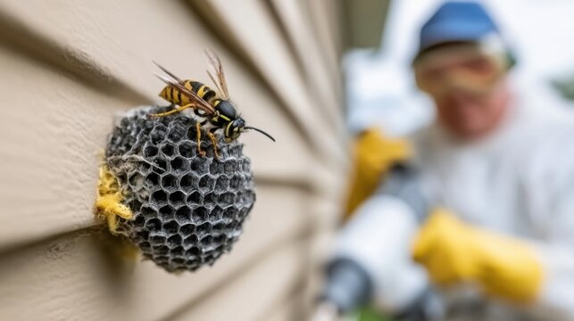 Close up of wasp on hive attached to house wall with pest control worker in background