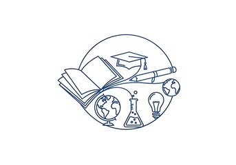 Fototapeta premium Education icons set with book graduation cap pencil globe beaker and light bulb line art design