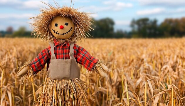 Charming scarecrow standing in golden fields, guarding ripe grain harvest under a bright blue sky.