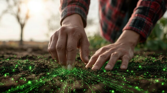 Close-up of hands planting seeds in soil with digital green light effect