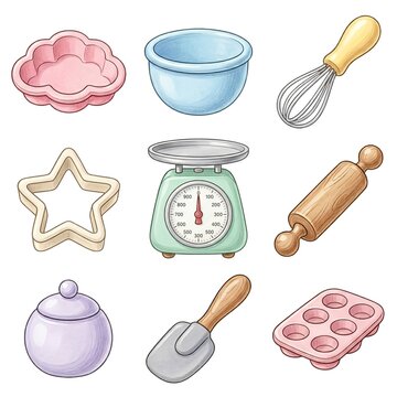Cookie making tools colored pencil and watercolor illustrations