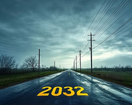 Dramatic Asphalt Road Under Dark Storm Clouds Leading to Distant Horizon with Power Lines Visible