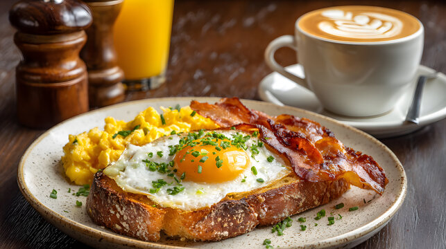 Fried egg on toast with bacon and scrambled eggs