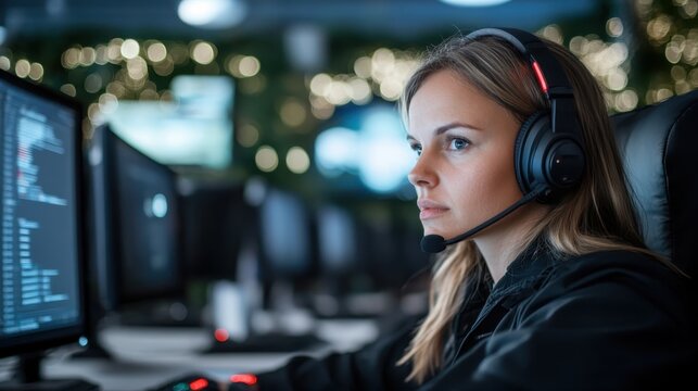 A dedicated female tech support agent wearing a headset and intently focused on multiple computer screens in a modern, tech-driven environment, highlighting her professionalism.