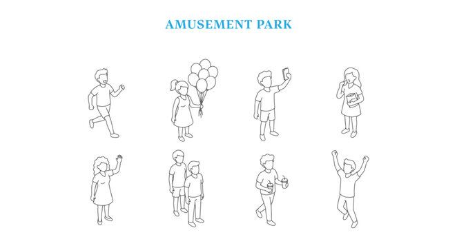 Isometric Amusement Park People Vector Set, Architectural Entourage Figures of Kids and Families for Theme Park Diagrams
