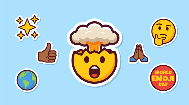 Vibrant emoji icons in sticker set format featuring mind-blown face, thinking expression, and world emoji day badge