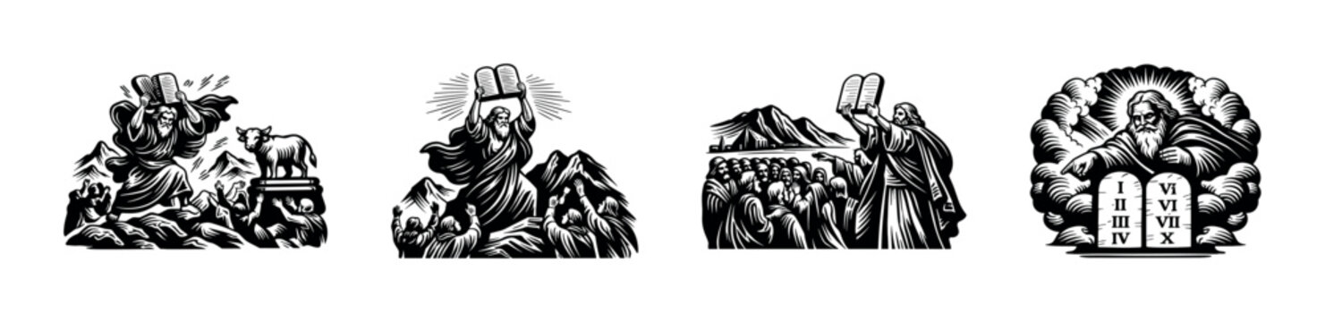 Moses receiving the Ten Commandments on Mount Sinai and leading the Israelites