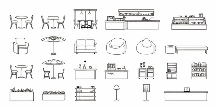 Coffee shop furniture CAD blocks, top view vector architectural symbols, caf&eacute; seating, counters, lounge chairs, bakery display layouts