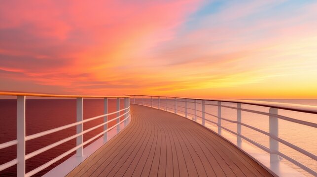 A stunning view of a sunset as seen from a cruise ship deck, showcasing vibrant clouds and a calm ocean, perfect for evoking a sense of wanderlust and relaxation.