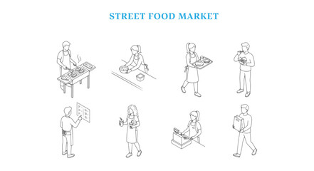 Fototapeta na wymiar Isometric Street Food Market People Vector Set, Outline Architectural Entourage Figures for Floor Plans and Section Diagrams