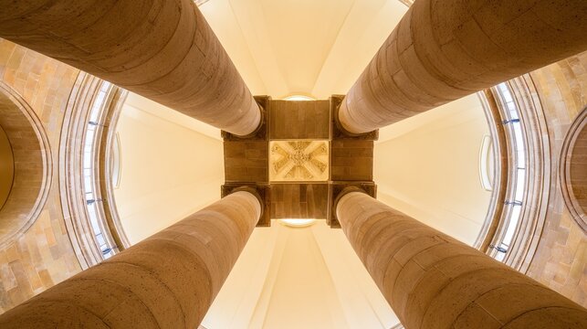 massive. Three massive stone columns supporting a dome, classical architecture with soft ambient light. real-estate listings.