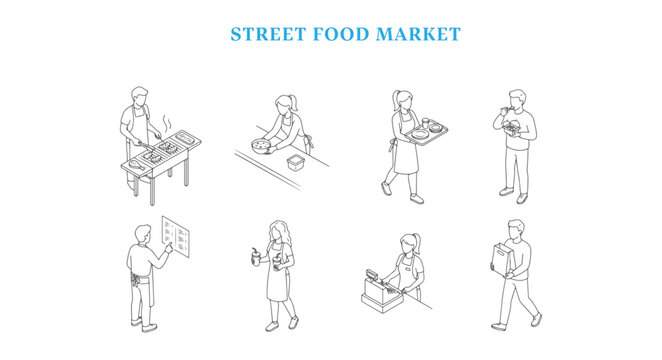 Isometric Street Food Market People Vector Set, Outline Architectural Entourage Figures for Floor Plans and Section Diagrams