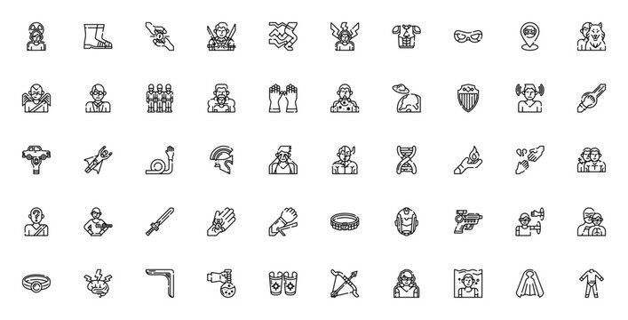 Superhero icon set. Minimal vector superhero icons. Includes radiation, boots, power, bulletproof, speedster, lightning, armor, mask, shield, energy beam, morphing, super strength, & more.