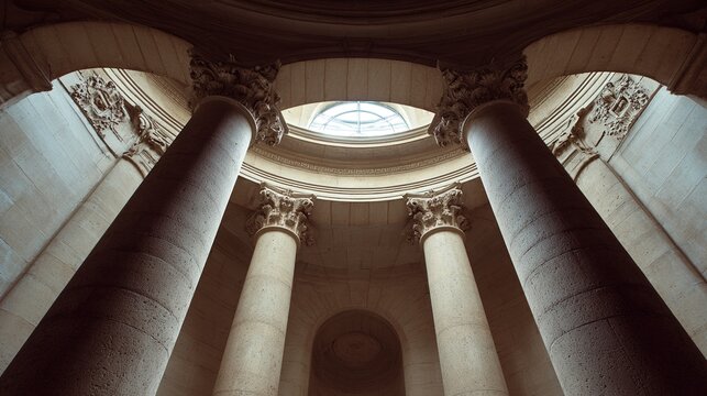 massive. Three massive stone columns supporting a dome, classical architecture with soft ambient light. real-estate listings.