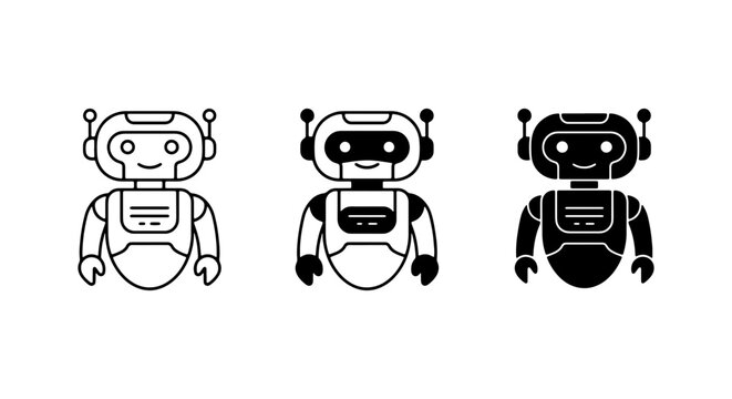Robot Icons Set: Friendly AI Chatbot Avatars, Digital Assistant Vector Graphics, Futuristic Android Characters
