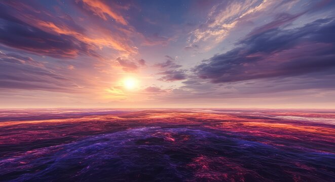 Abstract psychedelic digital field landscape showcasing highly saturated colors, undulating ground, and swirling ethereal sky background texture ,landscape ,design ,neon