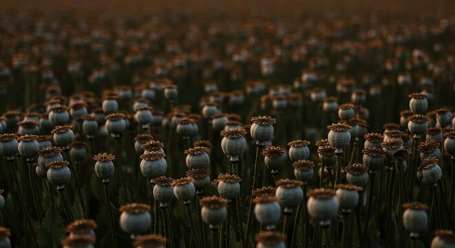 Abundant collection of mature poppy capsules showing a high yield from the agricultural field during the summer harvesting season ,gathering ,cultivation ,dried