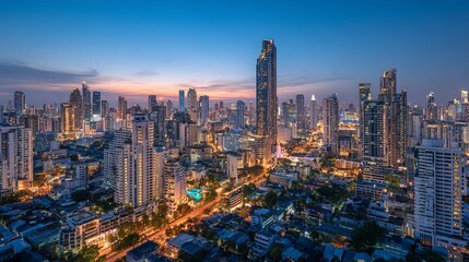 Naklejka premium Bangkok financial district skyline at night, modern skyscraper architecture, glowing city lights at dusk, wide urban Asian cityscape background