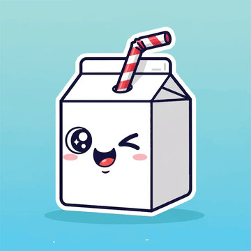 Cute Kawaii Milk Carton with Winking Face and Straw.