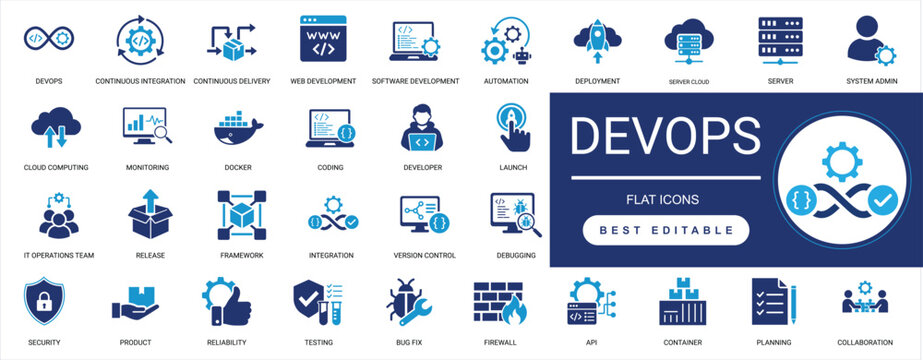 DevOps Solid Glyph Icon Set. Automation, Integration, Deployment, Pipeline, Cloud, Security, Monitoring, Infrastructure, Coding, System. Editable Vector Illustration.