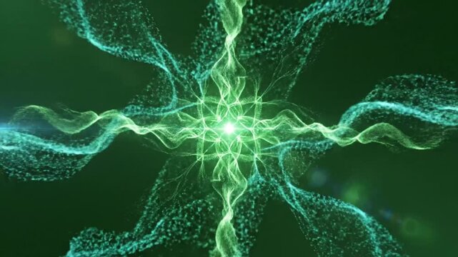 Abstract green particle energy animation with a glowing center, perfect for backgrounds and transitions