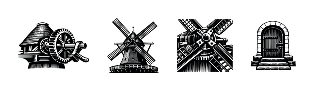 Vintage windmill and watermill illustrations with gears and stone archway