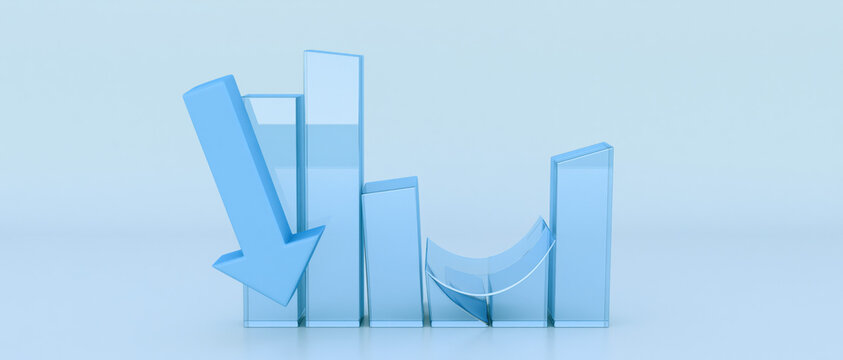 downward arrow pointing beside ascending blue glass 3d bar chart on dark background representing market dip