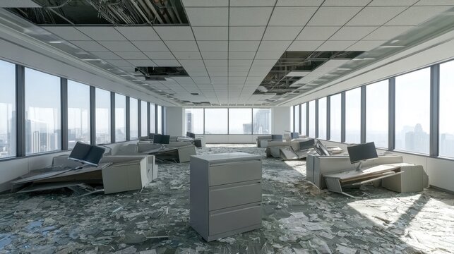 Abandoned office space with broken ceiling tiles and scattered debris on floor